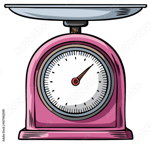 Hand Drawn Retro Pink Kitchen Scale with Measuring Dial and Empty Tray