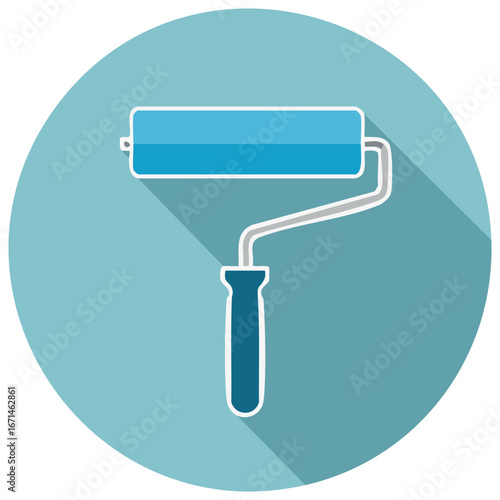 Vibrant Blue Paint Roller Icon Flat Design Style Long Shadow Circle Background
