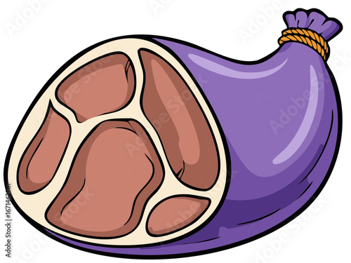 Cartoon cured ham. Food concept with meat. Illustration of fresh food in cartoon style.