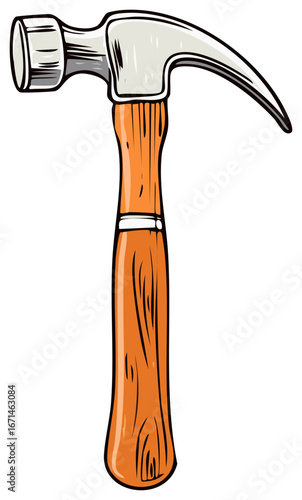 Illustrated claw hammer with a wooden handle and metal head