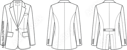 Fashion flat sketch, tailored blazer, technical drawing, front and back view, belt detail, notched lapel, garment design, apparel template