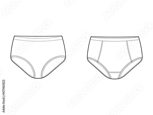 High-waisted underwear template, technical drawing, fashion sketch, garment design, sewing pattern, lingerie mockup, front view, seam detail, crotch panel, leg opening, apparel blueprint, underwear  