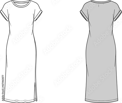 Crew neck dress, fashion sketch, technical drawing, front view, back view, short sleeves, side slit, ankle length, straight silhouette, garment design, apparel  