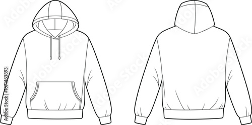 Hoodie technical sketch, fashion illustration, front back view, drawstring hood, kangaroo pocket, ribbed cuffs, garment design, apparel template, sweatshirt