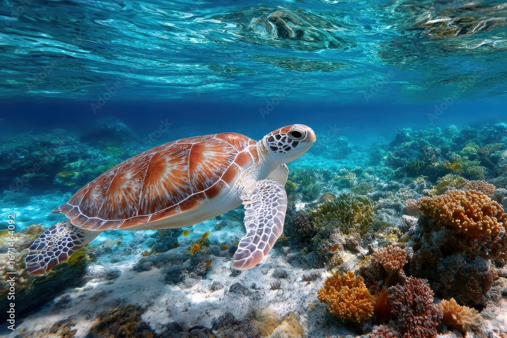 Obraz premium Sea Turtle Gliding Over a Vibrant Coral Reef in Crystal Clear Waters