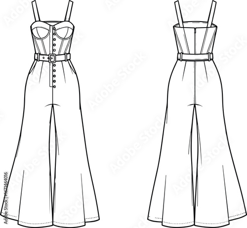 Long fitted dress sketch, fashion illustration, front and back view, flared hem, button detail, belt waist, technical garment drawing