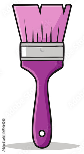 Vibrant pink bristled paint brush with a purple handle and a grey ferrule a cartoon style art tool
