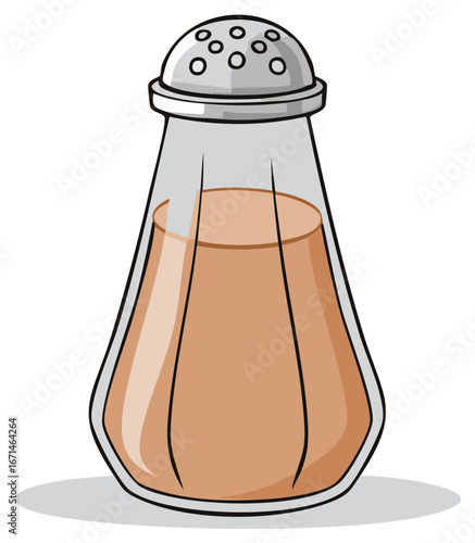 Cartoon illustration of a classic glass salt shaker with a perforated metal lid filled with fine brown granular seasoning