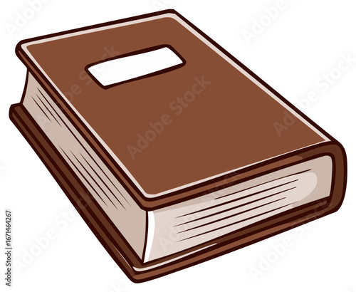 Closed brown hardcover book with blank label on cover and visible pages