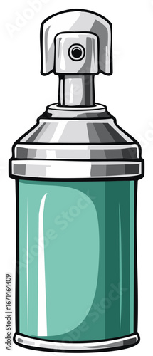 Cartoon style mint green and silver spray can with nozzle dispenser illustration