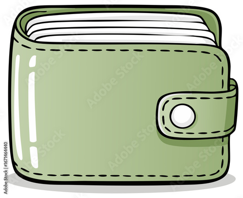Simple cartoon illustration of a full green wallet closed with a snap strap, bulging with cash or credit cards