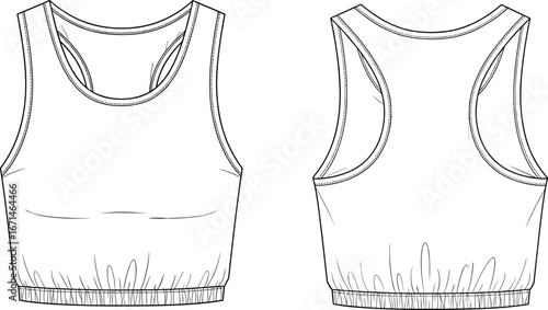 Sleeveless cropped tank top, racerback athletic wear, scoop neckline, elastic hem, fashion flat sketch, technical drawing, casual sportswear design