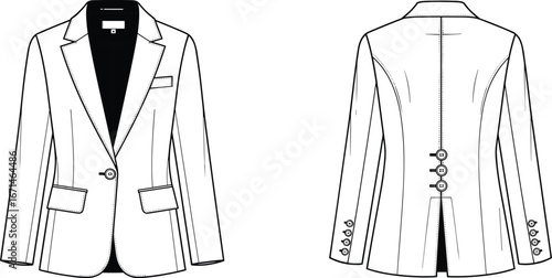 Tailored blazer sketch, fashion technical drawing, front and back view, notched lapel collar, single button closure, chest pocket, flap pockets, sleeve buttons, princess seams,  