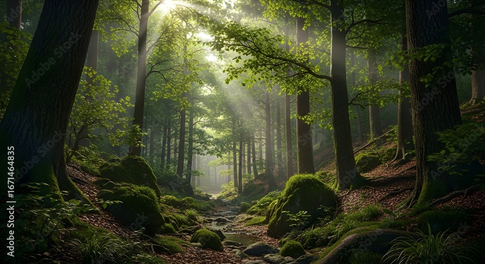 Fototapeta premium Dense Sunlit Forest with Moss and Foliage