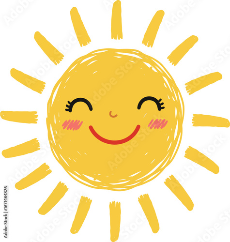 A cheerful cartoon sun with a happy smiling face and rosy cheeks radiating warmth and joy isolated on transparent background