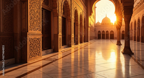 Geometric shadows cast by islamic architecture on a paved courtyard under a blue sky