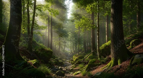 Dense Sunlit Forest with Moss and Foliage