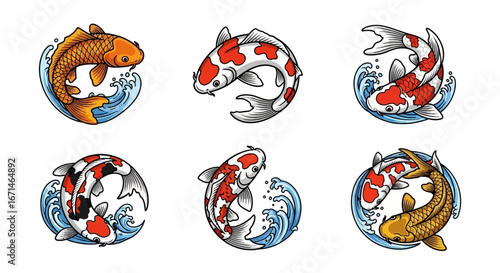 Japanese Koi Fish Swimming in Waves Tattoo Designs Vector Set