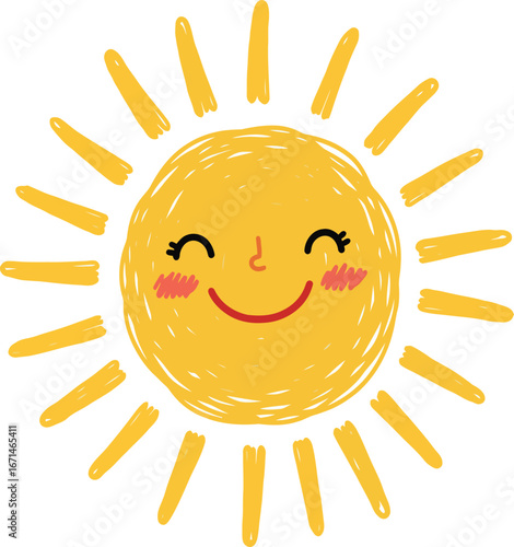 Cute cartoon sun with a happy smiling face and rosy cheeks radiating warm yellow light rays isolated on transparent background