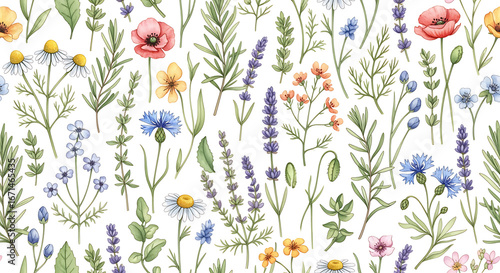 Watercolor floral pattern with poppies lavender and chamomile bloom