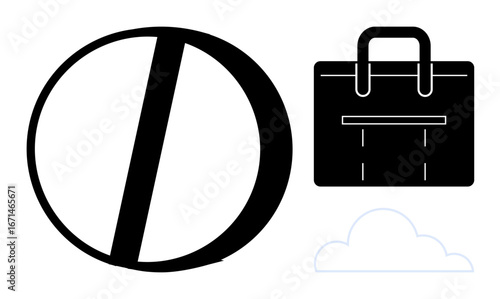 Bold black circle with diagonal line, suitcase, and faint cloud. Ideal for work-life balance, career, business, minimalism, organization, productivity modern simplicity simple flat metaphor