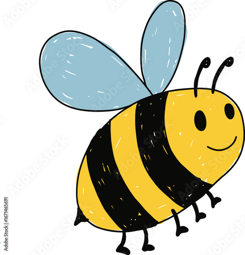 Adorable cartoon bumblebee with black and yellow stripes and blue wings smiling and flying isolated on transparent background