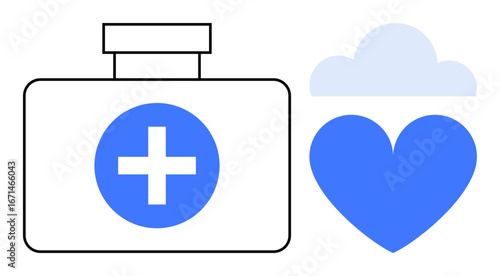 Medical box featuring cross symbol, blue heart and cloud. Ideal for healthcare, wellness, first aid, hospital, insurance, health tech, telemedicine simple landing page