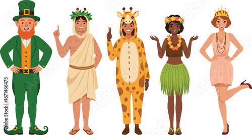 Diverse group of people in colorful costumes including a leprechaun greek god giraffe hula dancer and flapper girl isolated on transparent background