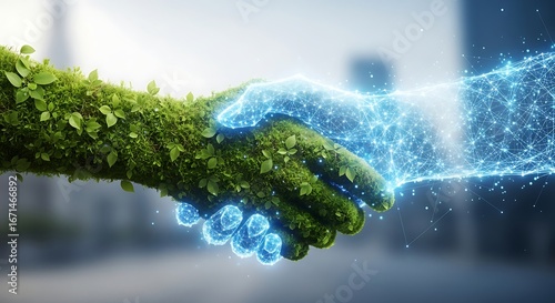 Green handshake with digital blue energy handshake, symbolizing ecofriendly technology and partnership