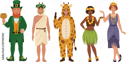Diverse group of people in various festive costumes including a leprechaun greek god giraffe hula dancer and princess isolated on transparent background
