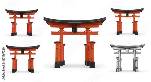 A vibrant red traditional Japanese Torii gate, a sacred symbol of Shintoism and the entrance to a shrine, isolated on a white background