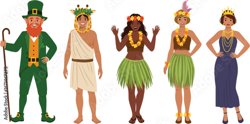 Five diverse people in colorful costumes including a leprechaun greek god hawaiian hula dancer and two women in festive attire isolated on transparent background