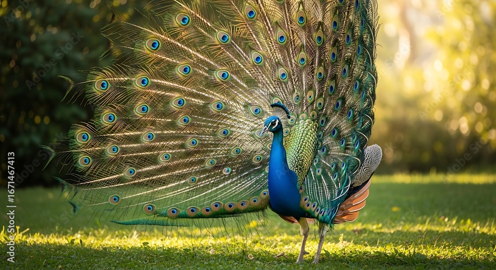 Obraz premium Majestic Peacock Displaying Feathers.