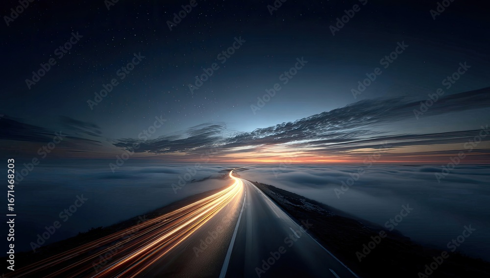 Fototapeta premium Highway through a sea of clouds at dawn. Stars visible. Long exposure lights