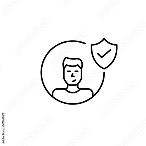 Certified membership, safe data access, authenticated profile. User avatar, shield and checkmark. Pixel perfect, editable stroke vector icon