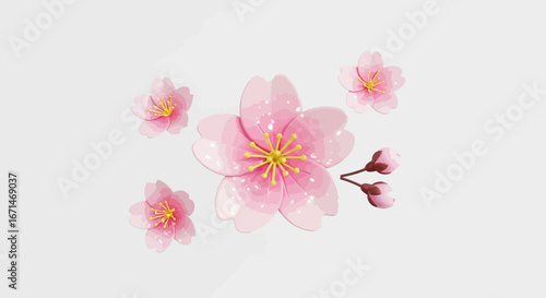 A set of isolated 3D cherry blossom illustrations, showing delicate pink sakura flowers and branches on a clean white background for spring designs