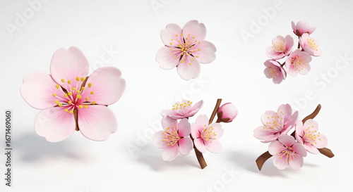 Elegant collection of isolated pink cherry blossom flowers and budding branches. A beautiful 3D illustration representing spring and Japanese nature