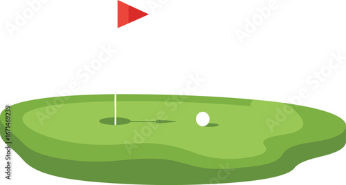 A stylized illustration of a golf green with a hole and flag representing the sport of golf isolated on transparent background