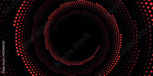 Dark red techno abstract background with swirling dotted line effect decoration. Circle dots style concept modern graphic design element for flyer, card, or brochure cover.