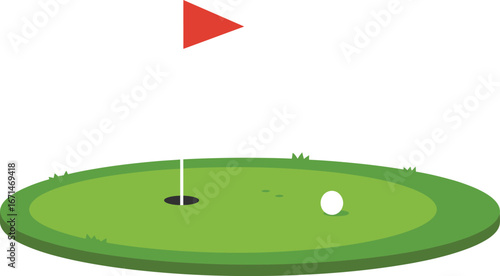 Cartoon illustration of a golf hole with a flag and golf ball on a green putting surface isolated on transparent background
