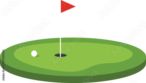 A vibrant green golf putting green with a red flag on a white pole marking the hole on a clear sunny day isolated on transparent background
