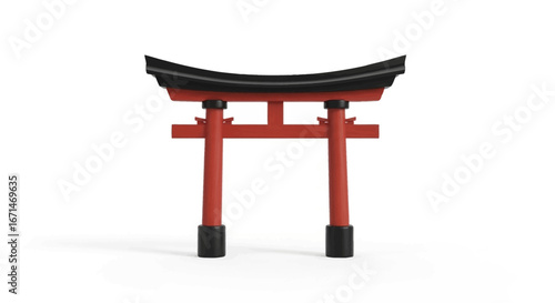 Traditional Japanese red Torii gate, a symbol of Shinto shrines, isolated on a white background. 3D rendering of iconic Asian architecture