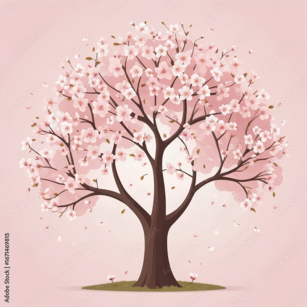 Fototapeta premium Beautiful Cherry Blossom Tree in Full Bloom with Falling Petals on a Soft Pink Background