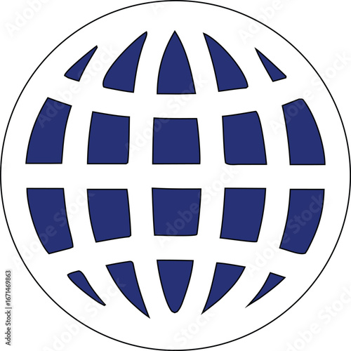 Global network technology symbol featuring blue grid lines encased in a white circle representing connection