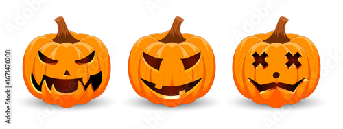 Set carved Halloween pumpkins with different scary faces isolated on white background. The main symbol of the Happy Halloween holiday. Vector illustration.