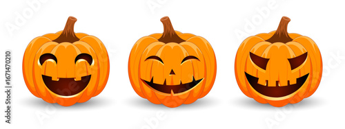 Set carved Halloween pumpkins with different scary faces isolated on white background. The main symbol of the Happy Halloween holiday. Vector illustration.