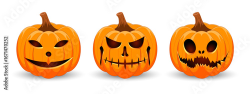 Set carved Halloween pumpkins with different scary faces isolated on white background. The main symbol of the Happy Halloween holiday. Vector illustration.
