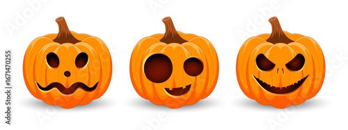 Set carved Halloween pumpkins with different scary faces isolated on white background. The main symbol of the Happy Halloween holiday. Vector illustration.