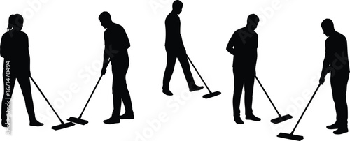 Silhouettes of men cleaning floors with brooms in various poses and actions isolated on transparent background