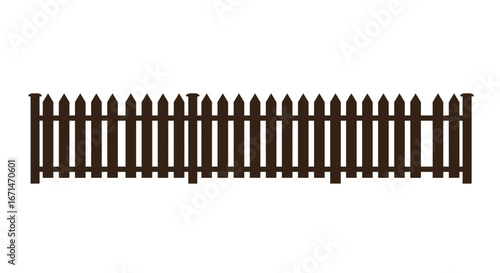 A dark brown wooden picket fence viewed from the front showcasing its classic pointed tops and clean lines in a stark silhouette